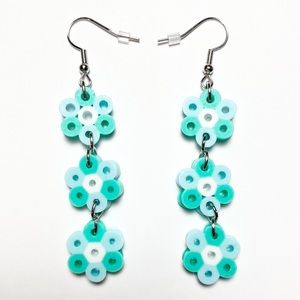 Handmade Perler Bead Blue/White Flower Chain Earrings. New.